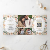 Rustic Dusty Peach Floral Photo QR Code Weddenscha Drieluik Uitnodiging (Binnen)