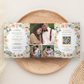 Rustic Dusty Peach Floral Photo QR Code Weddenscha Drieluik Uitnodiging