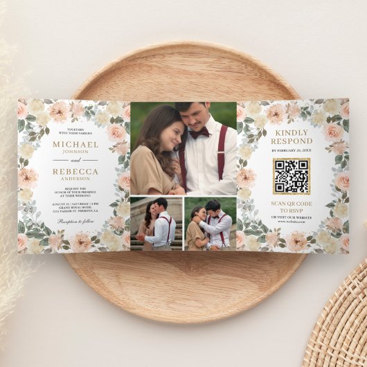 Rustic Dusty Peach Floral Photo QR Code Weddenscha Drieluik Uitnodiging