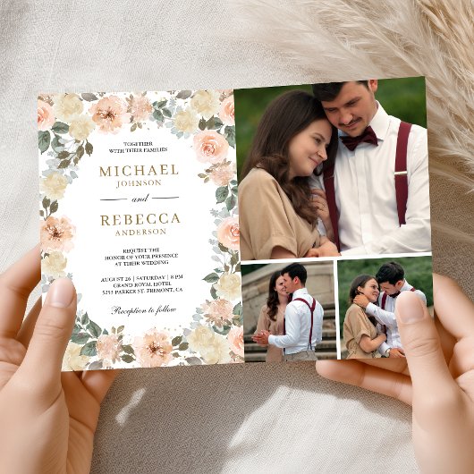 Rustic Dusty Peach Floral Photo QR Code Wedding