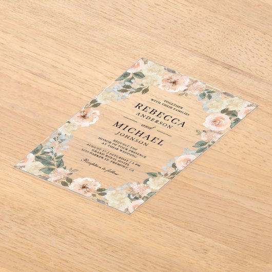 Rustic Dusty Peach Floral Wedding Acryl Uitnodigingen (Laagn)