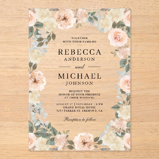 Rustic Dusty Peach Floral Wedding Acryl Uitnodigingen (Voorkant)