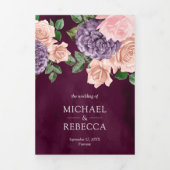 Rustic Dusty Peach Paars Floral Plum Wedding Drieluik Uitnodiging (Cover)