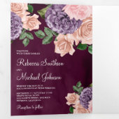 Rustic Dusty Peach Paars Floral Plum Wedding Drieluik Uitnodiging (Binnenzijde eerst)