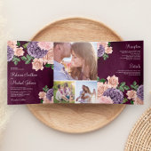 Rustic Dusty Peach Paars Floral Plum Wedding Drieluik Uitnodiging