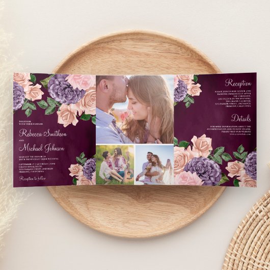 Rustic Dusty Peach Paars Floral Plum Wedding Drieluik Uitnodiging