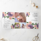 Rustic Dusty Peach Paars Floral Wedding Drieluik Uitnodiging (Binnen)