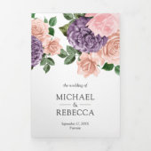 Rustic Dusty Peach Paars Floral Wedding Drieluik Uitnodiging (Cover)