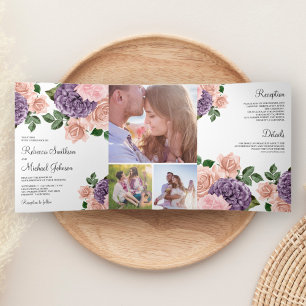 Rustic Dusty Peach Paars Floral Wedding Drieluik Uitnodiging