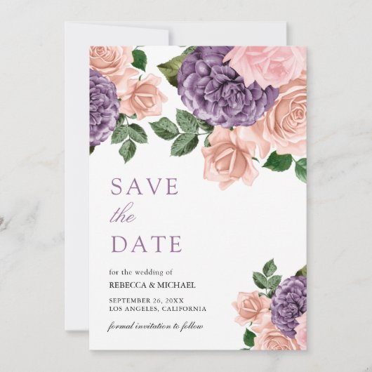 Rustic Dusty Peach Paars Floral Wedding Save The Date (Voorkant)