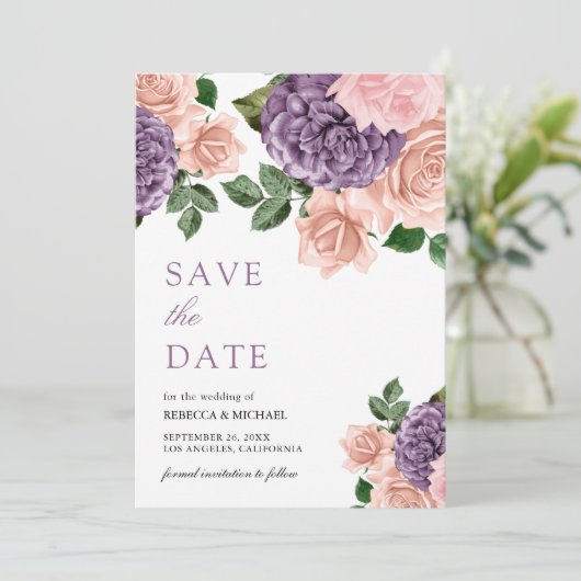 Rustic Dusty Peach Paars Floral Wedding Save The Date (Staand voorkant)