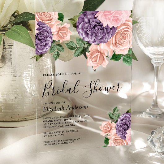 Rustic Dusty Peach Purple Floral Bridal Shower Acryl Uitnodigingen