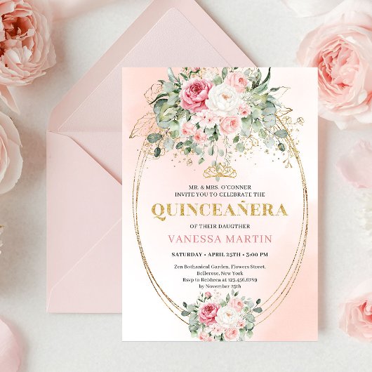 Rustic Dusty Pink Rose Gold Quinceañera Invite Kaart