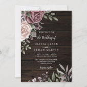 Rustic Dusty Roos Floral Bouquet op Dark Wood Invi Kaart (Voorkant)