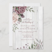 Rustic Dusty Roos Floral Bouquet Wood Invitation Kaart (Voorkant)