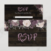 Rustic Dusty Roos Floral op donker hout RSVP Kaartje (Voorkant / Achterkant)