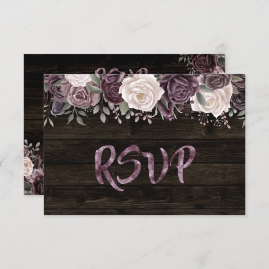 Rustic Dusty Roos Floral op donker hout RSVP Kaartje (Voorkant / Achterkant)