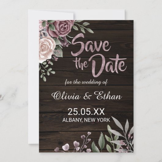 Rustic Dusty Roos Floral op donker hout Save The Date (Voorkant)