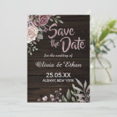 Rustic Dusty Roos Floral op donker hout Save The Date (Staand voorkant)