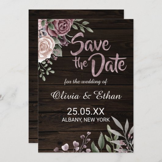 Rustic Dusty Roos Floral op donker hout Save The Date (Voorkant / Achterkant)