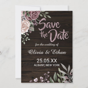 Rustic Dusty Roos Floral op donker hout Save The Date