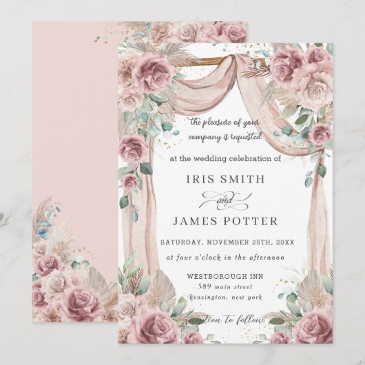 Rustic Dusty Roos Floral Pampas Grass Wedding Arch Kaart (Voorkant / Achterkant)