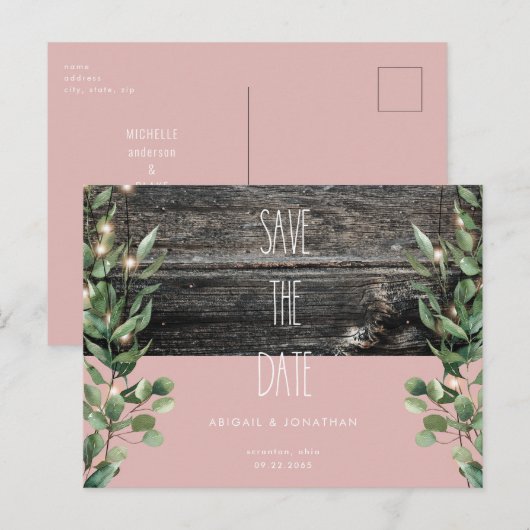 Rustic Dusty Roos Foliage Wedding Save the Date Briefkaart (Voorkant / Achterkant)