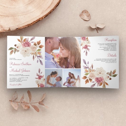 Rustic Dusty Roos Pink and Ivory Floral Wedding Drieluik Uitnodiging