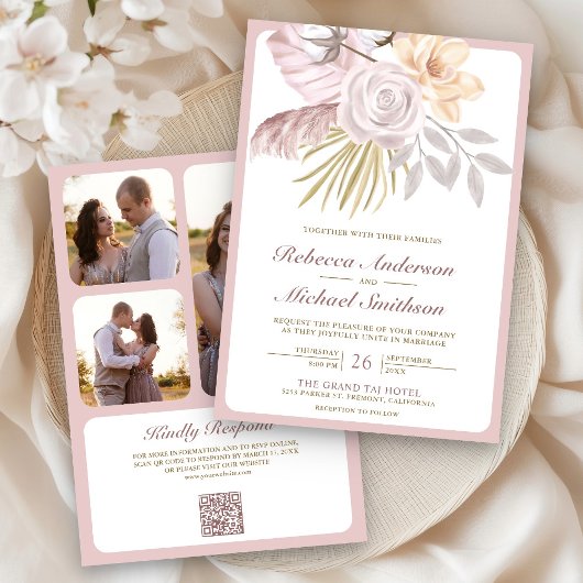 Rustic Dusty Roos Pink Floral QR Code Weddenschap Kaart
