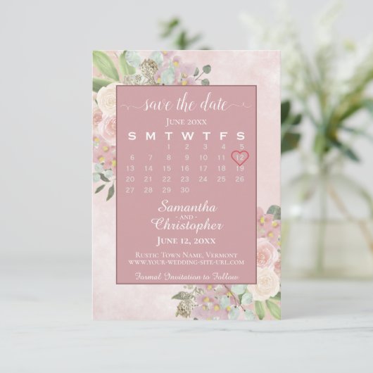 Rustic Dusty Roos Spring Floral Wedding Calendar Save The Date (Staand voorkant)