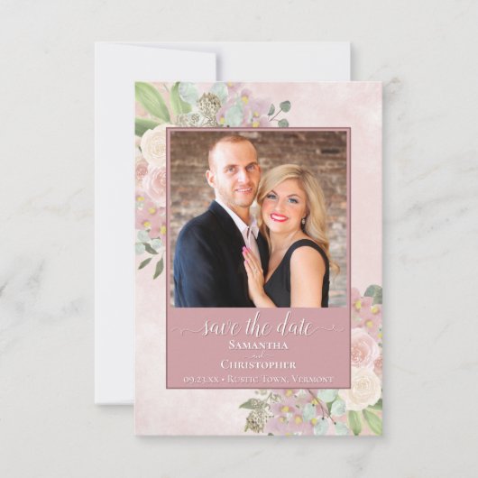 Rustic Dusty Roos Spring Floral Wedding Foto Save The Date (Voorkant)