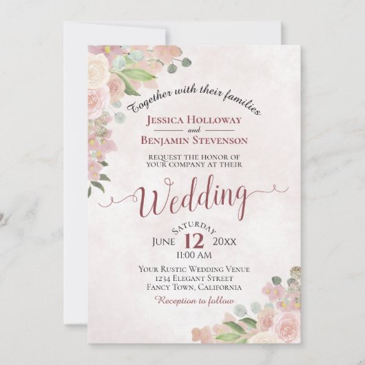 Rustic Dusty Roos Waterverf Floral Chic Wedding Kaart (Voorkant)