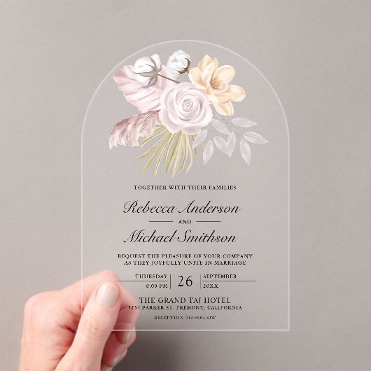 Rustic Dusty Rose Pink Floral Wedding Acryl Uitnodigingen (Insitu (Draagbaar))