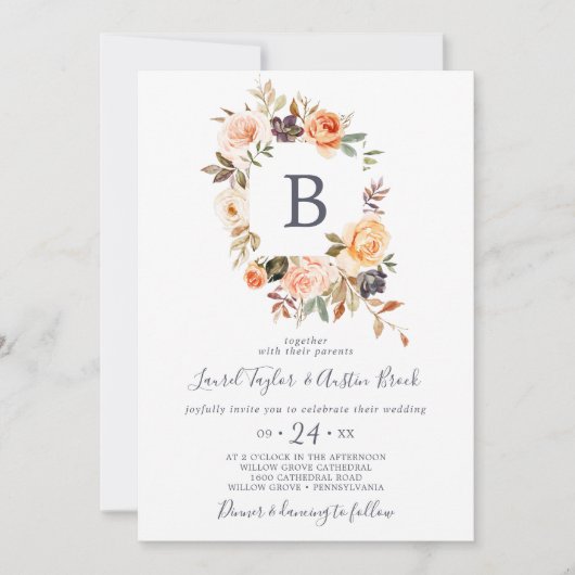 Rustic Earth Florals Monogram Weddenschap Kaart (Voorkant)