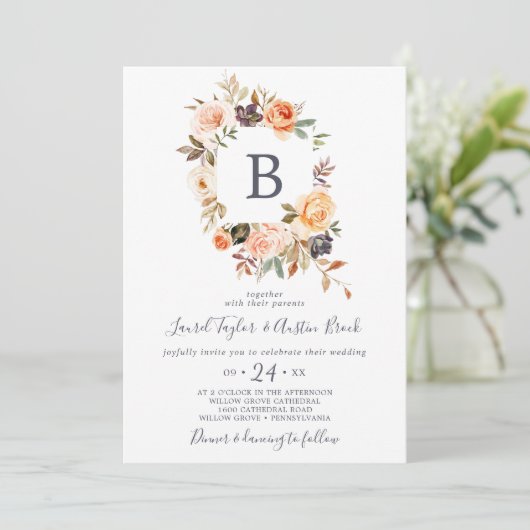 Rustic Earth Florals Monogram Weddenschap Kaart (Staand voorkant)