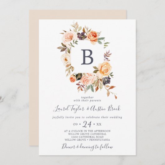 Rustic Earth Florals Monogram Weddenschap Kaart (Voorkant / Achterkant)