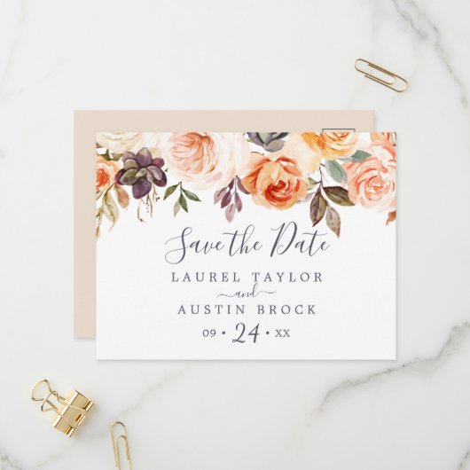 Rustic Earth Florals Save the Date Briefkaart (Voorkant / Achterkant in situ)