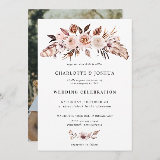 Rustic Earth-Tone Boho Floral Foto Kaart (Voorkant / Achterkant)