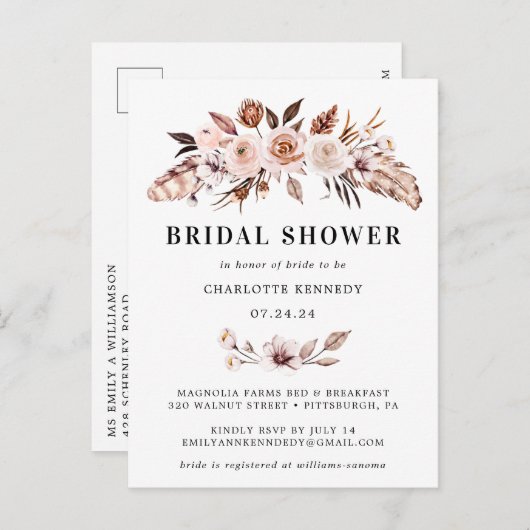 Rustic Earth-tone Boho Floral Vrijgezellenfeest Uitnodiging Briefkaart (Voorkant / Achterkant)