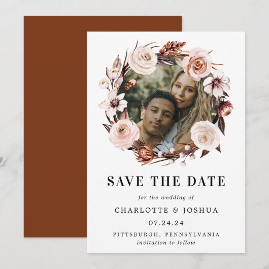 Rustic Earth-tone Boho Photo Save the Date Kaart (Voorkant / Achterkant)
