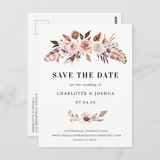 Rustic Earth-tone Boho Save the Date Invitation Briefkaart (Voorkant / Achterkant)