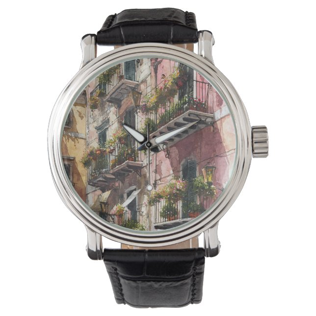 Rustic Earth Tones Balcony Scene Watch Horloge (Voorkant)