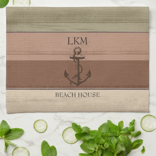 Rustic Earth Tones Wood Nautical - Monogram Theedoek (Gevouwen)