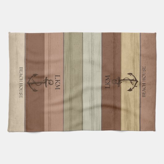 Rustic Earth Tones Wood Nautical - Monogram Theedoek (Horizontaal)