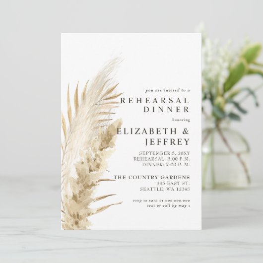 Rustic Earthy Boho Pampas Rehearsal Dinner Invita Kaart (Staand voorkant)