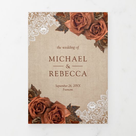 Rustic Earthy Burlap Dusty Terracotta Roos Wedding Drieluik Uitnodiging (Cover)