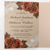 Rustic Earthy Burlap Dusty Terracotta Roos Wedding Drieluik Uitnodiging (Binnenzijde eerst)