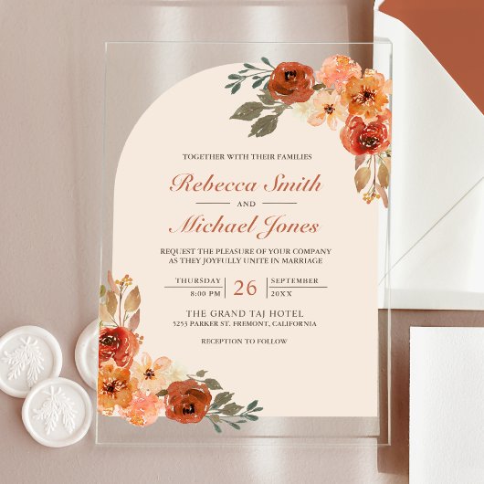 Rustic Earthy Burnt Orange Floral Arch Wedding Acryl Uitnodigingen
