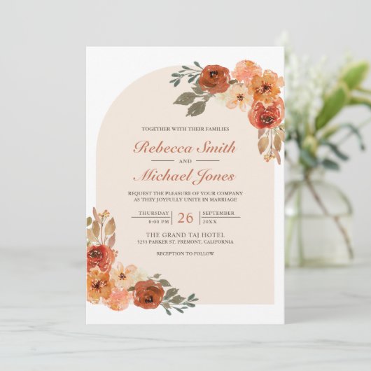 Rustic Earthy Burnt Sinaasappel Floral Arch Weddin Kaart (Staand voorkant)