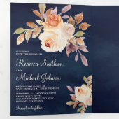 Rustic Earthy Dusty Peach Floral Navy Blue Wedding Drieluik Uitnodiging (Binnenzijde eerst)